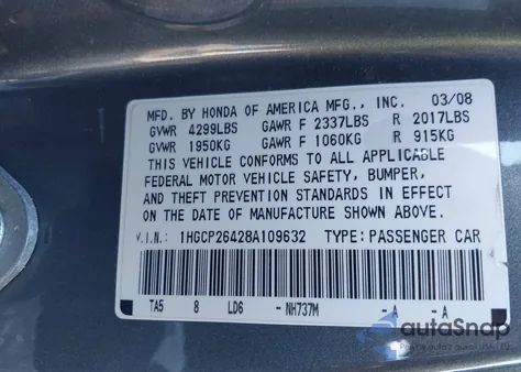 2008 Honda Accord 2.4 Lx-P z USA, uszkodzony, nr VIN 1HGCP26428A109632